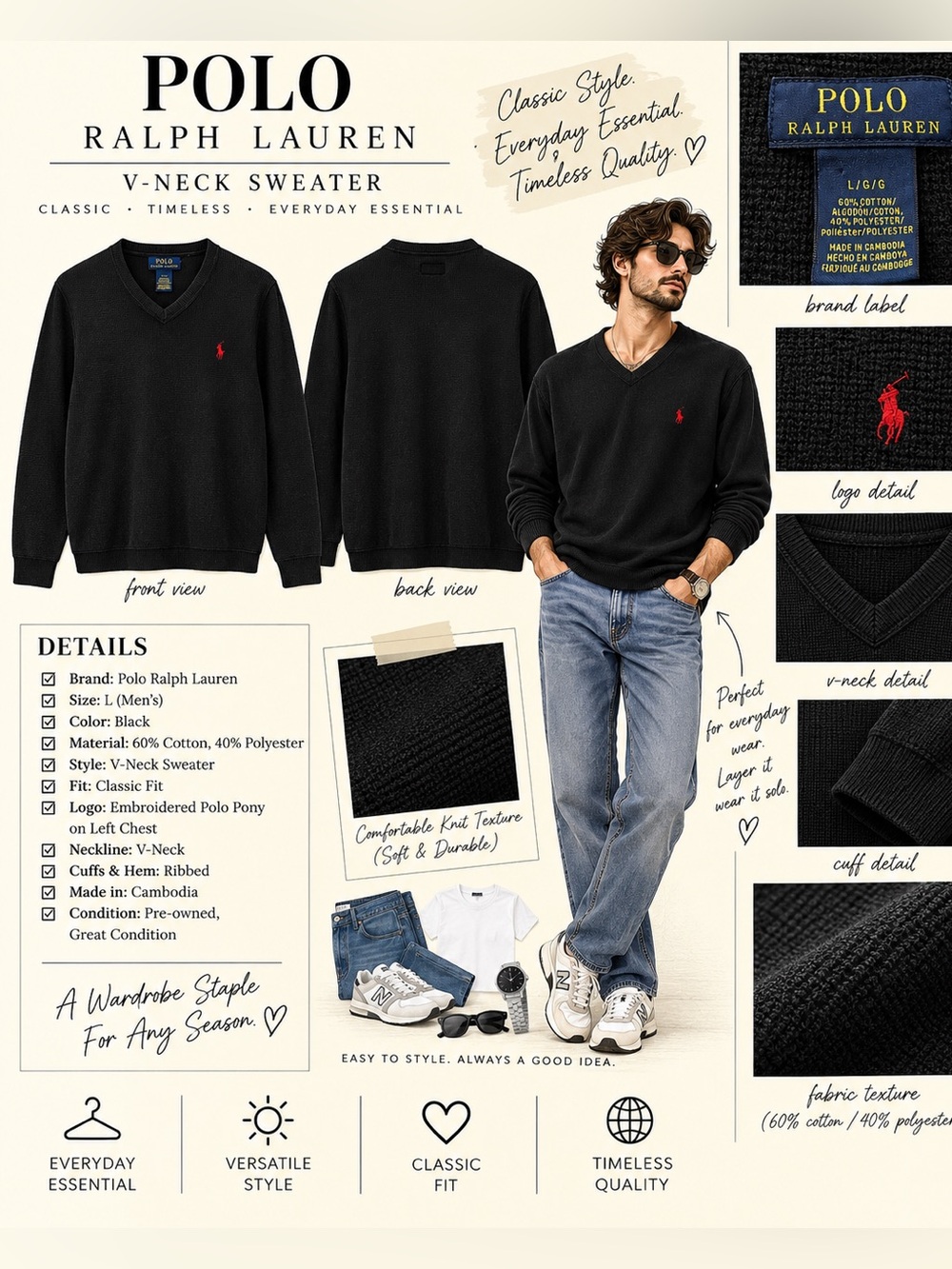 Polo by Ralph Lauren Men’s Black V-Neck Sweater with Red Pony Logo